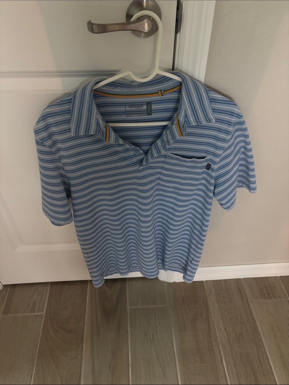 Men’s golf shirt Blue & White Striped Polo with Yellow Accent